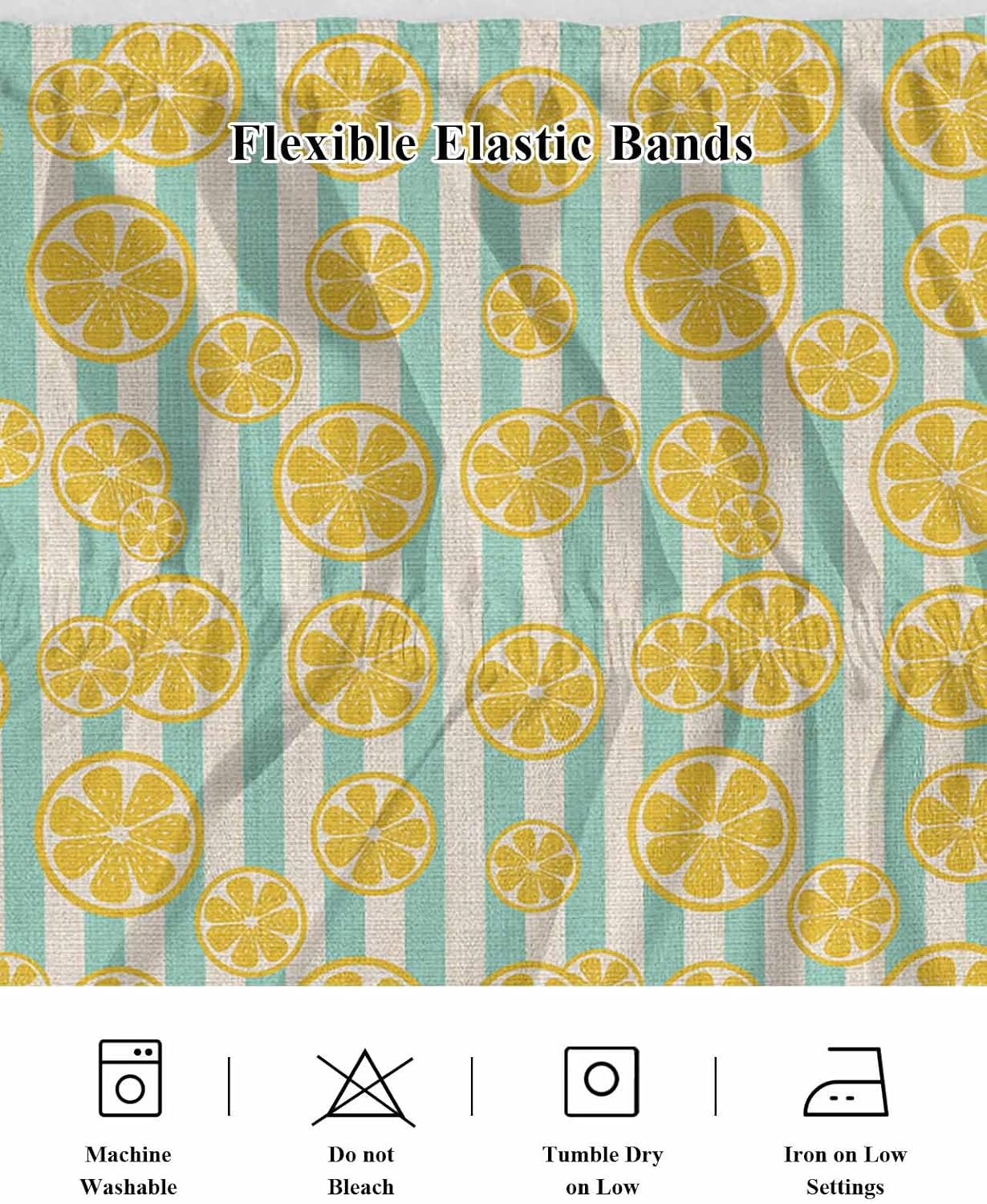 Striped Bed Skirt Queen Size 16" Drop Yellow Lemon Teal Stripes Linen Background Ruffled Wrap Around Bed Skirts Adjustable Elastic Bedskirt Dust Ruffle for Queen King California King Bed