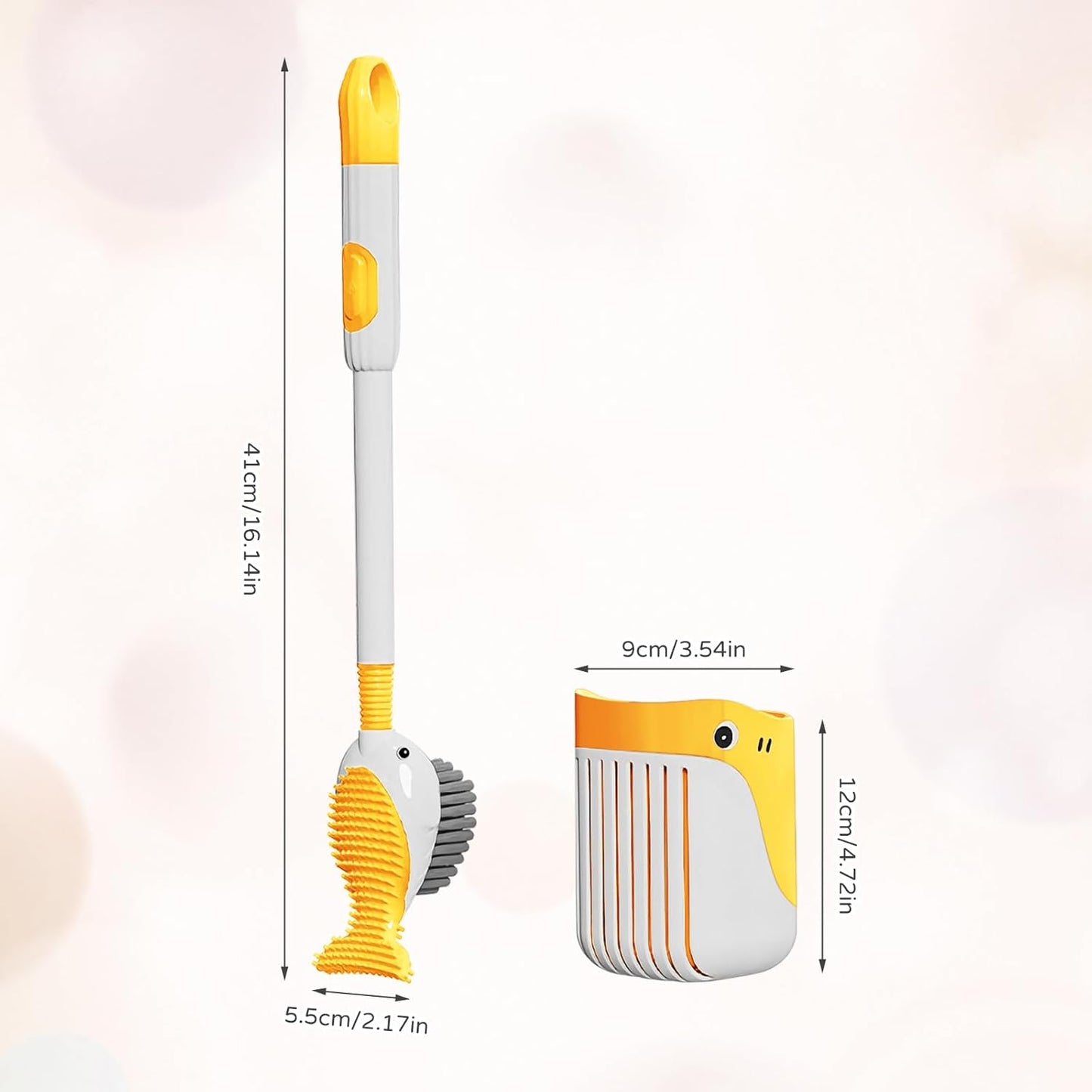 Upgrade Toilet Brush with Soap Dispenser, Cute Fish Shaped Dual Bristles Toilet Bowl Cleaner Brush with Ventilated Holder, Wall Mount Suction Cup No Drill Bathroom Toilet Cleaning Brush (Yellow)