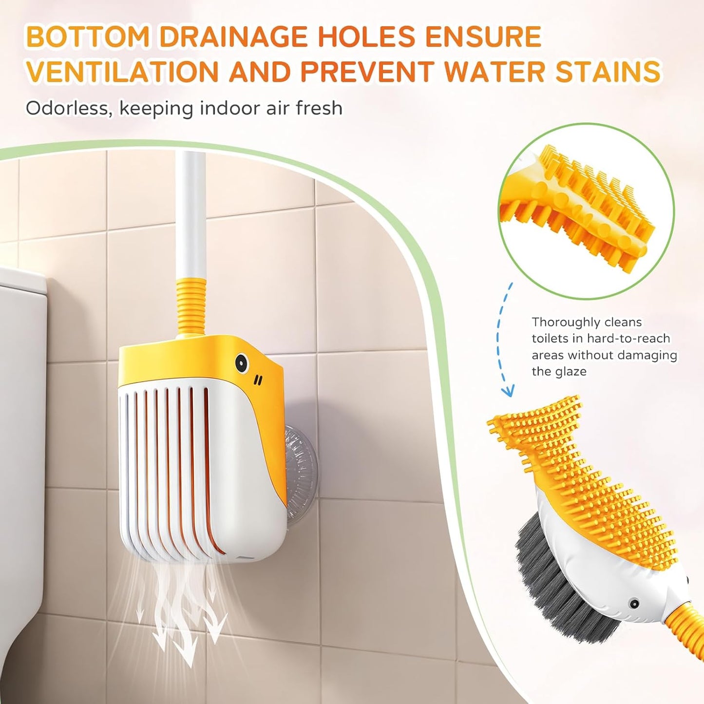 Upgrade Toilet Brush with Soap Dispenser, Cute Fish Shaped Dual Bristles Toilet Bowl Cleaner Brush with Ventilated Holder, Wall Mount Suction Cup No Drill Bathroom Toilet Cleaning Brush (Yellow)