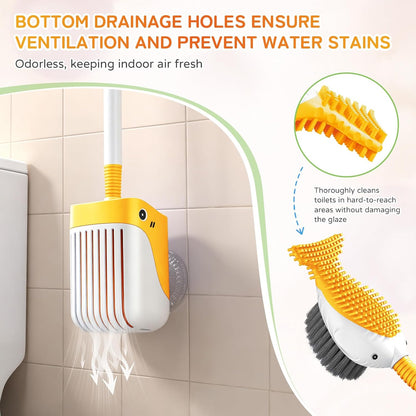 Upgrade Toilet Brush with Soap Dispenser, Cute Fish Shaped Dual Bristles Toilet Bowl Cleaner Brush with Ventilated Holder, Wall Mount Suction Cup No Drill Bathroom Toilet Cleaning Brush (Yellow)