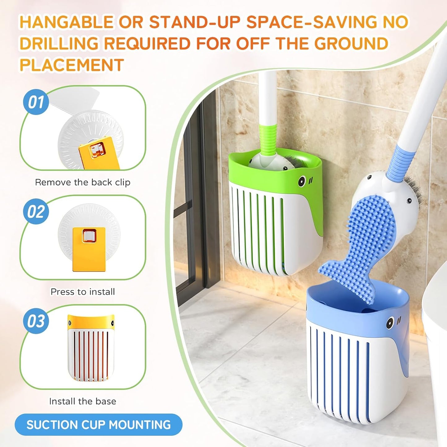 Upgrade Toilet Brush with Soap Dispenser, Cute Fish Shaped Dual Bristles Toilet Bowl Cleaner Brush with Ventilated Holder, Wall Mount Suction Cup No Drill Bathroom Toilet Cleaning Brush (Yellow)