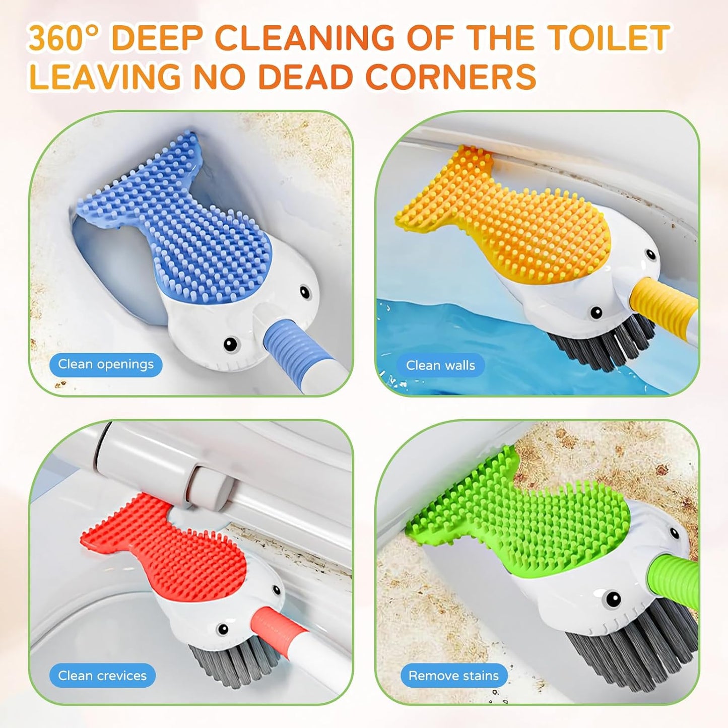Upgrade Toilet Brush with Soap Dispenser, Cute Fish Shaped Dual Bristles Toilet Bowl Cleaner Brush with Ventilated Holder, Wall Mount Suction Cup No Drill Bathroom Toilet Cleaning Brush (Yellow)