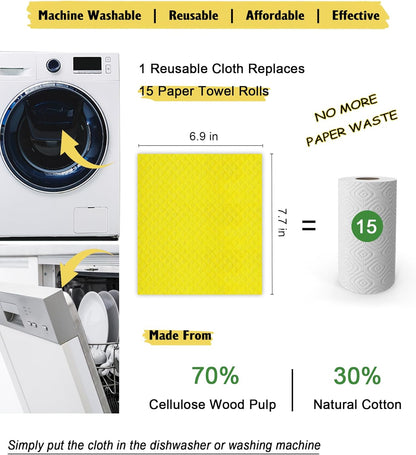 Swedish Dishcloths for Kitchen | 6 Pack Absorbent Cellulose Sponge Cloths Washable | Non-Scratch Reusable Paper Towels Quick Drying Cleaning Cloths - Yellow