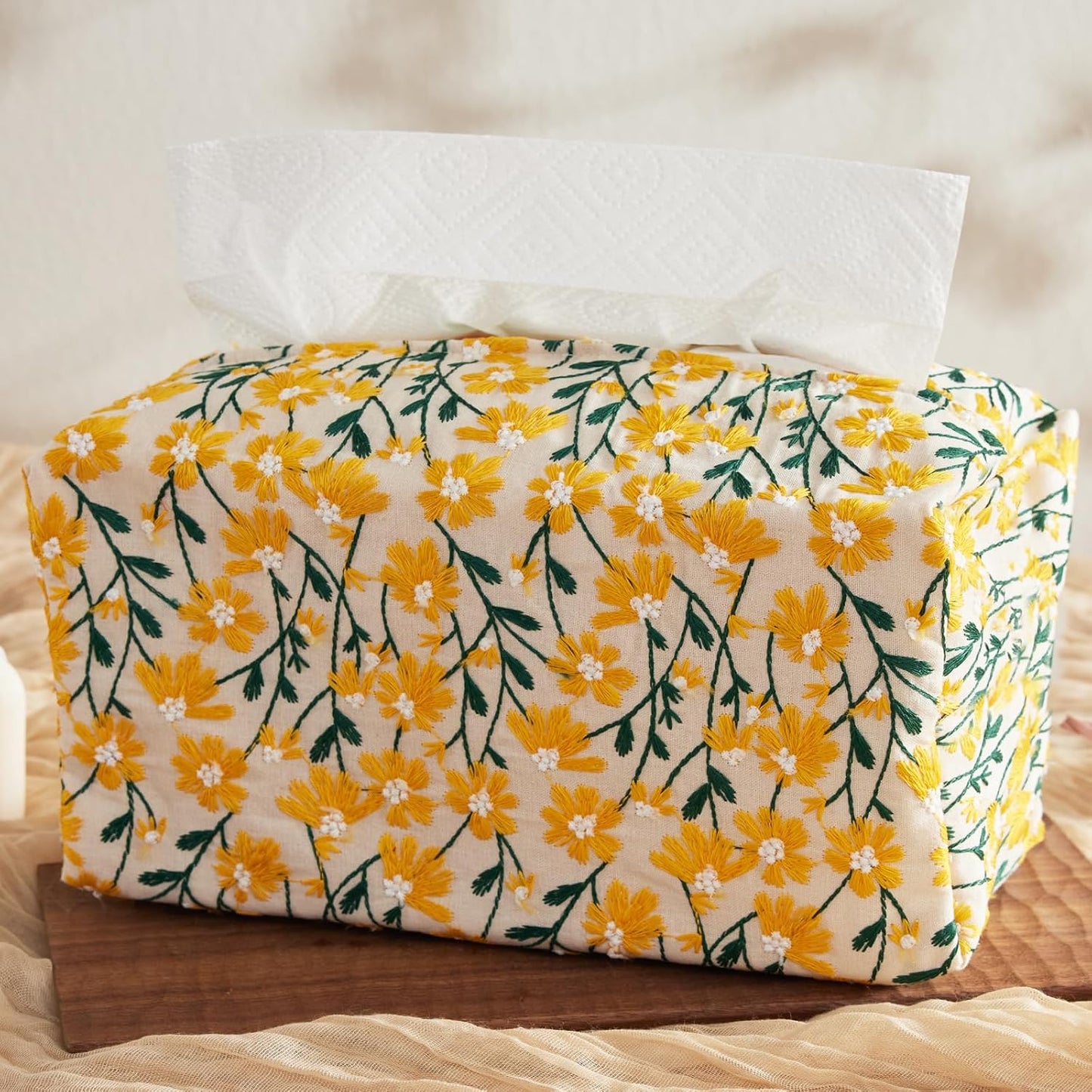 Hausfrau Tissue Box Cover Rectangle, Floral Linen Tissue Box Holder Decorative Cute Cube Napkin Holder for Living Room, Bathroom, Bedroom or Office, Embroidered Jacquard Yellow Daisy