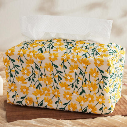 Hausfrau Tissue Box Cover Rectangle, Floral Linen Tissue Box Holder Decorative Cute Cube Napkin Holder for Living Room, Bathroom, Bedroom or Office, Embroidered Jacquard Yellow Daisy