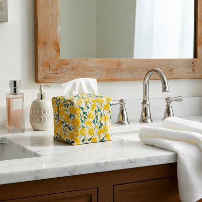 Hausfrau Tissue Box Cover Rectangle, Floral Linen Tissue Box Holder Decorative Cute Cube Napkin Holder for Living Room, Bathroom, Bedroom or Office, Embroidered Jacquard Yellow Daisy