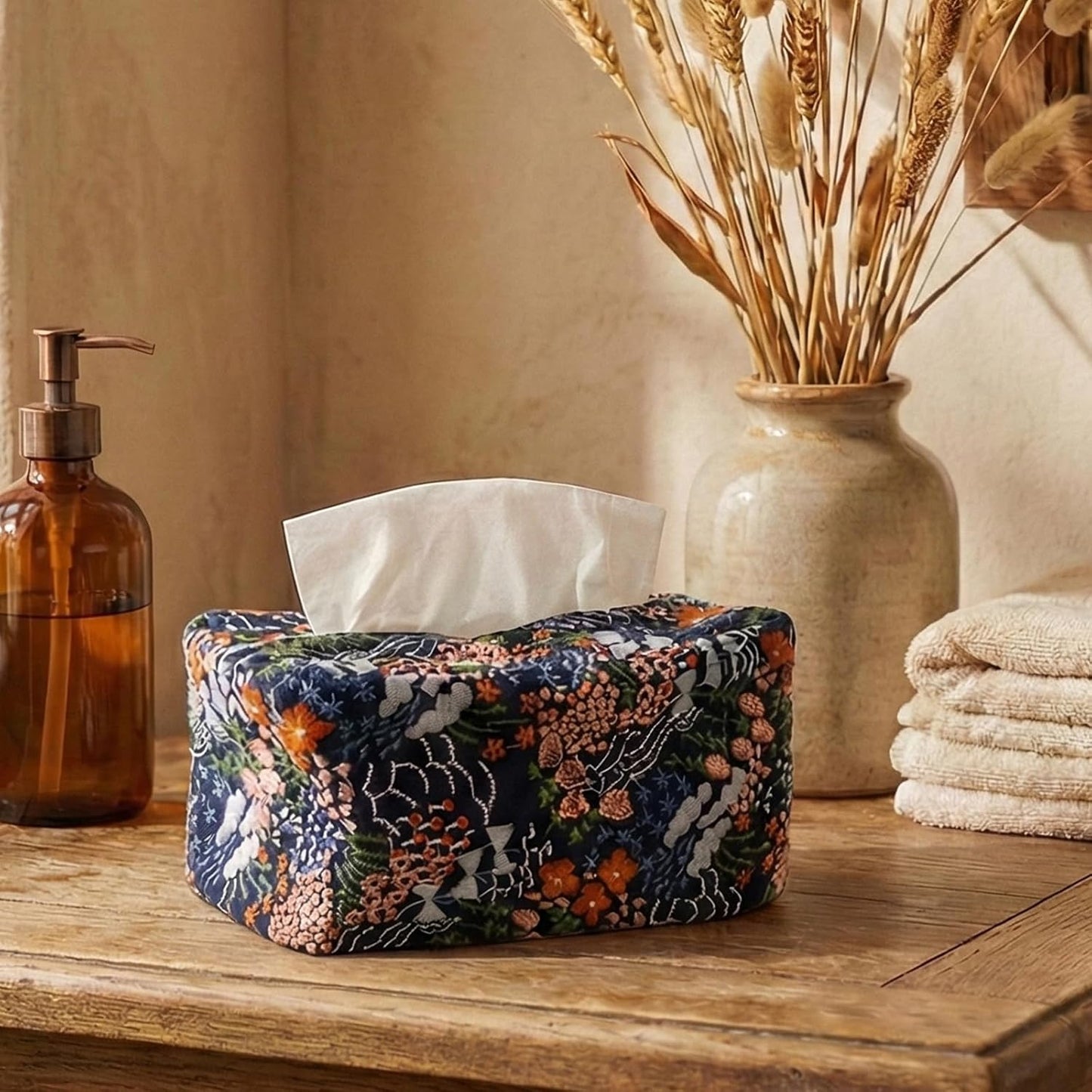 Hausfrau Tissue Box Cover Rectangle, Floral Linen Tissue Box Holder Decorative Cute Cube Napkin Holder for Living Room, Bathroom, Bedroom or Office, Embroidered Jacquard Yellow Daisy