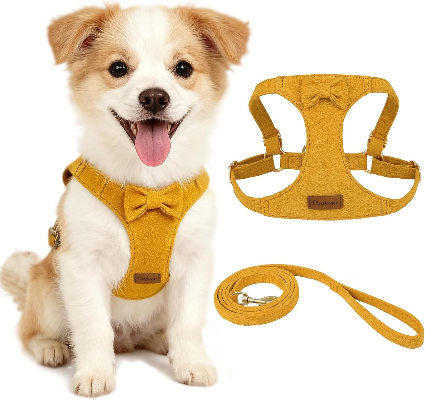 Cute Small Dog Harness and Leash Puppy Set with Bowtie,Step in Dog Harnesses,Soft Adjustable Cat & Dog Vest,Harness for Small Cats & Dogs Walks and Parties(Yellow,S:Weight 8.8-17.6lb)