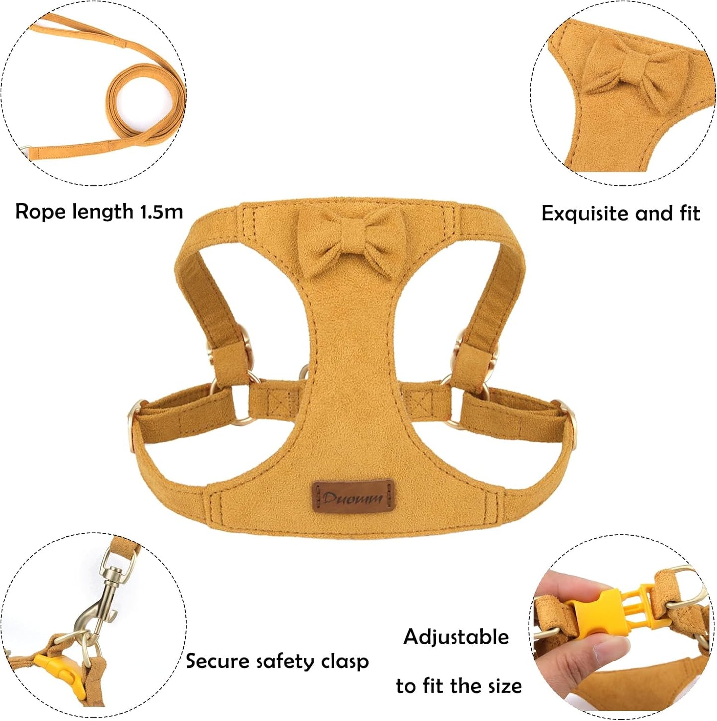 Cute Small Dog Harness and Leash Puppy Set with Bowtie,Step in Dog Harnesses,Soft Adjustable Cat & Dog Vest,Harness for Small Cats & Dogs Walks and Parties(Yellow,S:Weight 8.8-17.6lb)