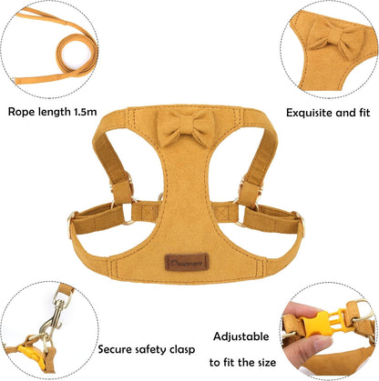 Cute Small Dog Harness and Leash Puppy Set with Bowtie,Step in Dog Harnesses,Soft Adjustable Cat & Dog Vest,Harness for Small Cats & Dogs Walks and Parties(Yellow,S:Weight 8.8-17.6lb)
