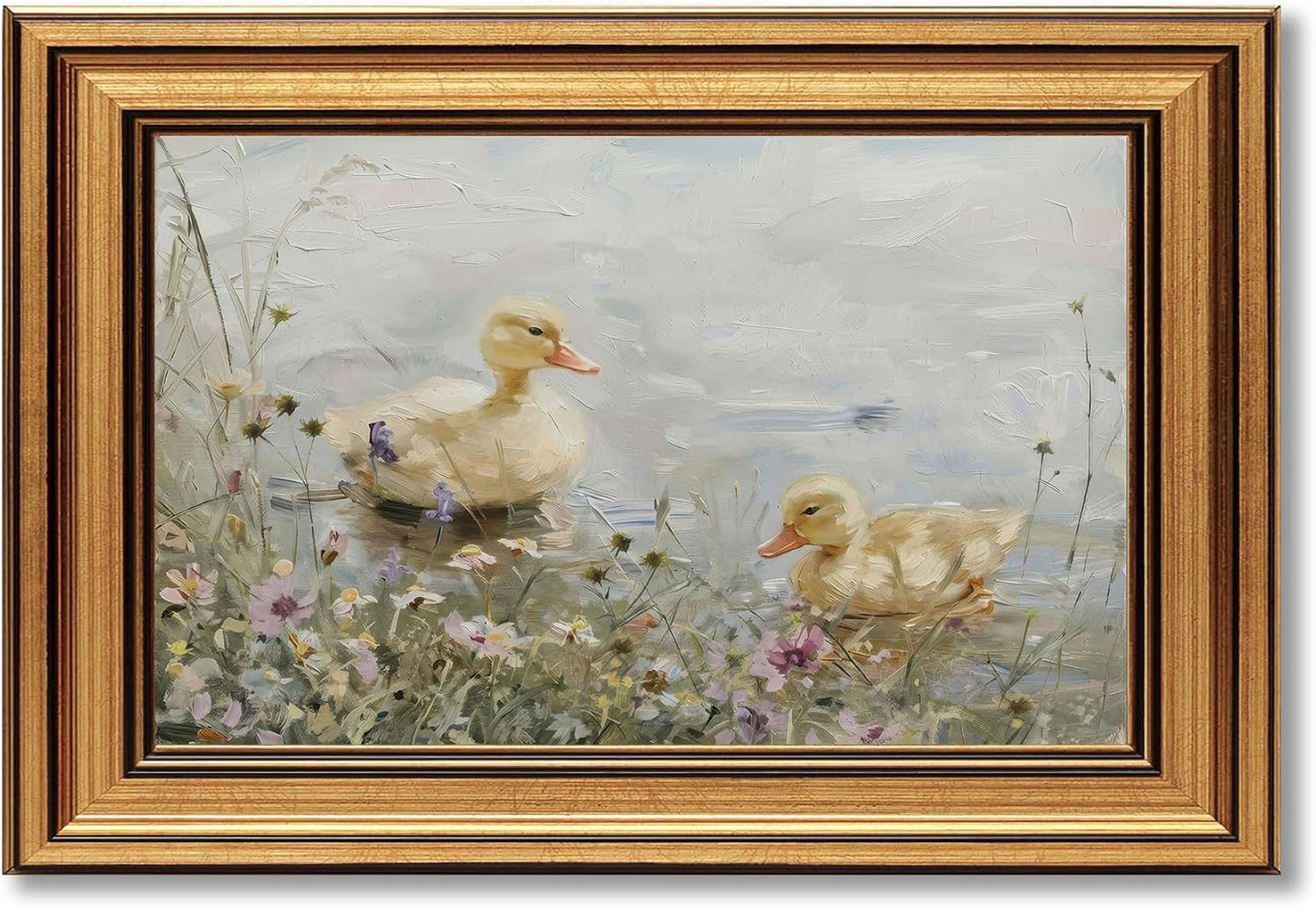 Gold Framed Ducklings Canvas Wall Art, Yellow Ducks in Wildflower Pond Painting Picture, Rustic Aesthetic Print, Soft Pastel Animal Artwork, for Bathroom Bedroom Living Room Wall Decor, 9x11in