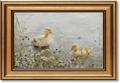 Gold Framed Ducklings Canvas Wall Art, Yellow Ducks in Wildflower Pond Painting Picture, Rustic Aesthetic Print, Soft Pastel Animal Artwork, for Bathroom Bedroom Living Room Wall Decor, 9x11in