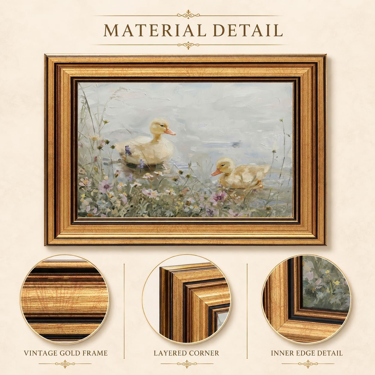 Gold Framed Ducklings Canvas Wall Art, Yellow Ducks in Wildflower Pond Painting Picture, Rustic Aesthetic Print, Soft Pastel Animal Artwork, for Bathroom Bedroom Living Room Wall Decor, 9x11in