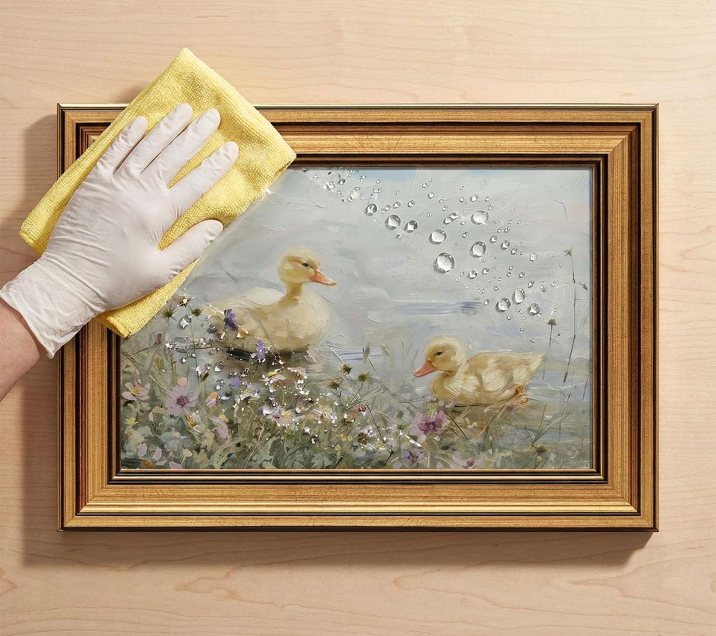 Gold Framed Ducklings Canvas Wall Art, Yellow Ducks in Wildflower Pond Painting Picture, Rustic Aesthetic Print, Soft Pastel Animal Artwork, for Bathroom Bedroom Living Room Wall Decor, 9x11in