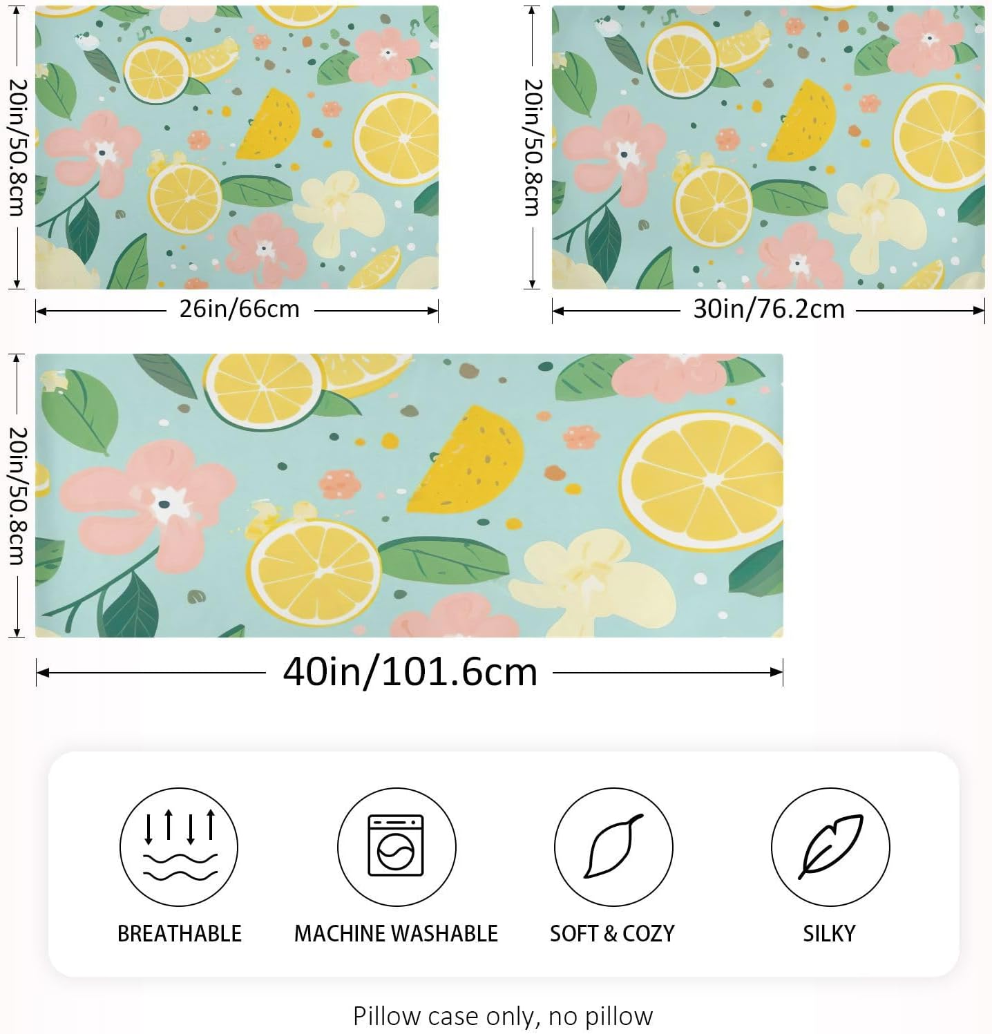 Yellow Lemon Floral Satin Pillowcase for Hair and Skin Body Bed Pillow Pillowcases Standard Size 20"X26" Super Soft Pillow Case with Envelope Closure for Women