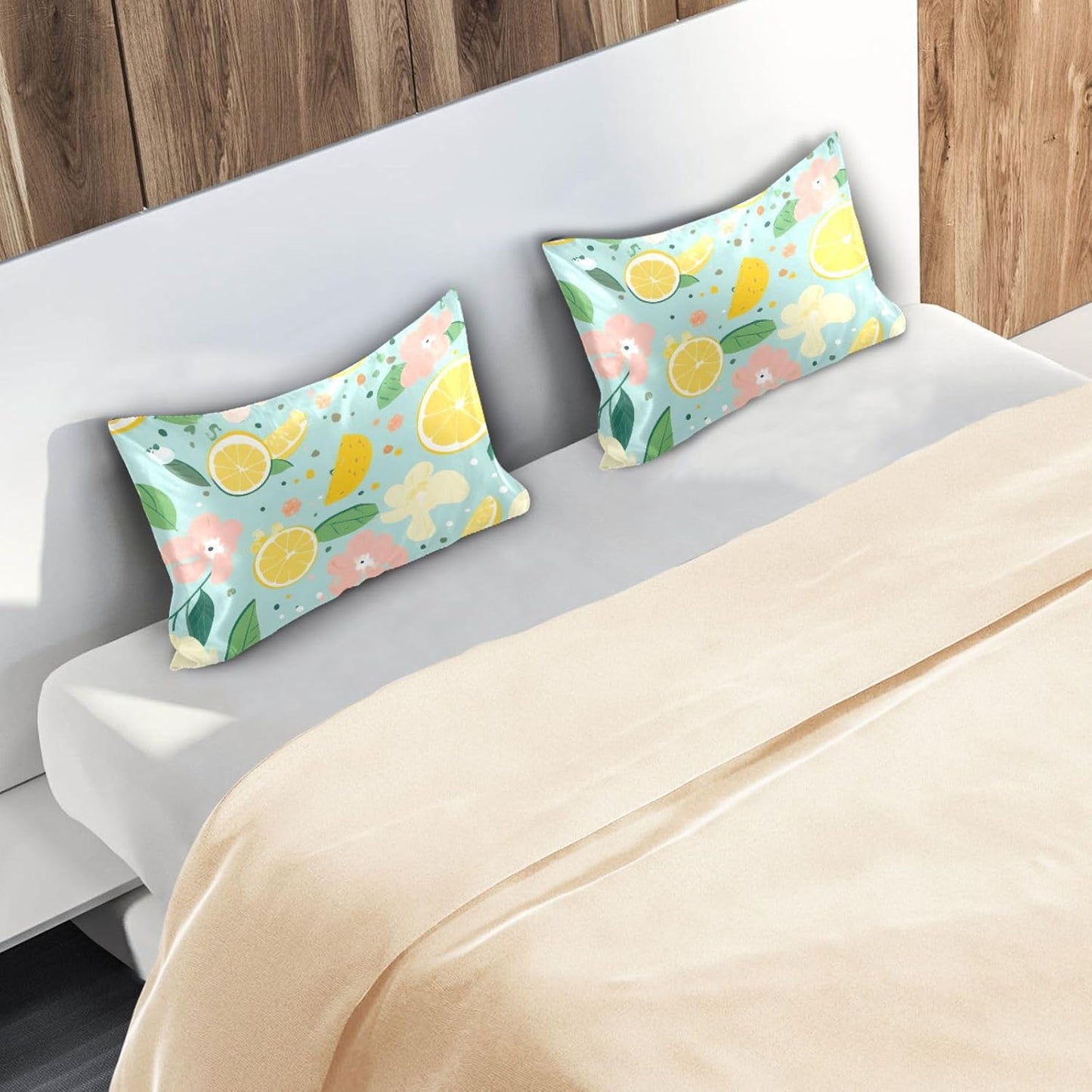 Yellow Lemon Floral Satin Pillowcase for Hair and Skin Body Bed Pillow Pillowcases Standard Size 20"X26" Super Soft Pillow Case with Envelope Closure for Women
