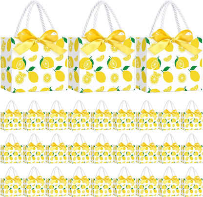 30 Pcs Yellow Lemon Gift Bags Bulk 5.5 x 4.7 x 2.5 in Mini Summer Fruit Favor Bags with Handles Bow Ribbon Wrap for Lemon Birthday Bridal Shower Wedding Party Supplies Family Holiday Travel