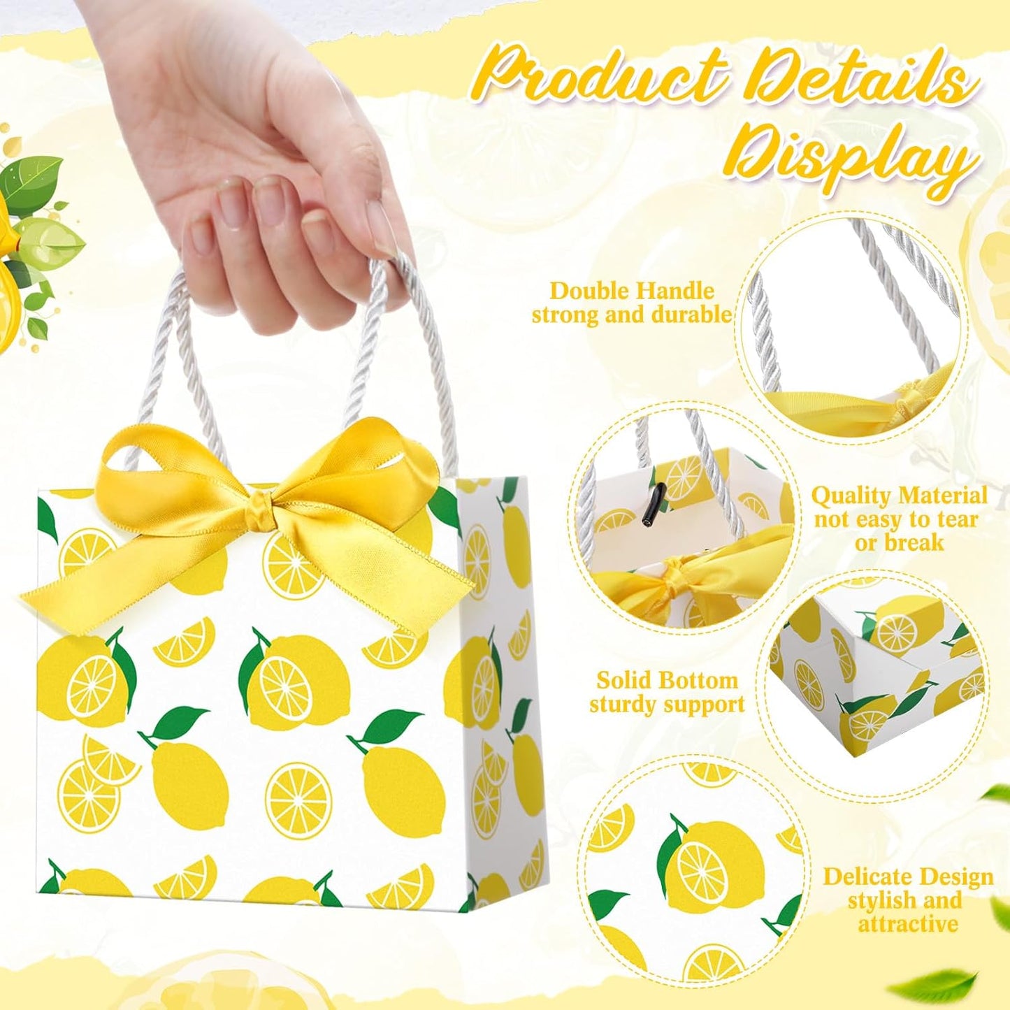 30 Pcs Yellow Lemon Gift Bags Bulk 5.5 x 4.7 x 2.5 in Mini Summer Fruit Favor Bags with Handles Bow Ribbon Wrap for Lemon Birthday Bridal Shower Wedding Party Supplies Family Holiday Travel