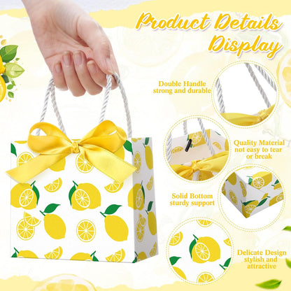 30 Pcs Yellow Lemon Gift Bags Bulk 5.5 x 4.7 x 2.5 in Mini Summer Fruit Favor Bags with Handles Bow Ribbon Wrap for Lemon Birthday Bridal Shower Wedding Party Supplies Family Holiday Travel