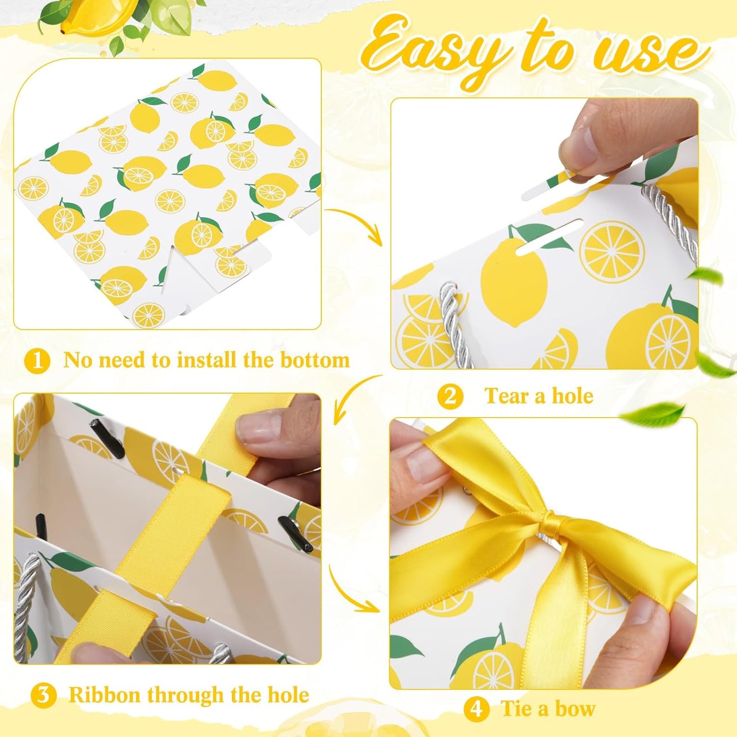 30 Pcs Yellow Lemon Gift Bags Bulk 5.5 x 4.7 x 2.5 in Mini Summer Fruit Favor Bags with Handles Bow Ribbon Wrap for Lemon Birthday Bridal Shower Wedding Party Supplies Family Holiday Travel