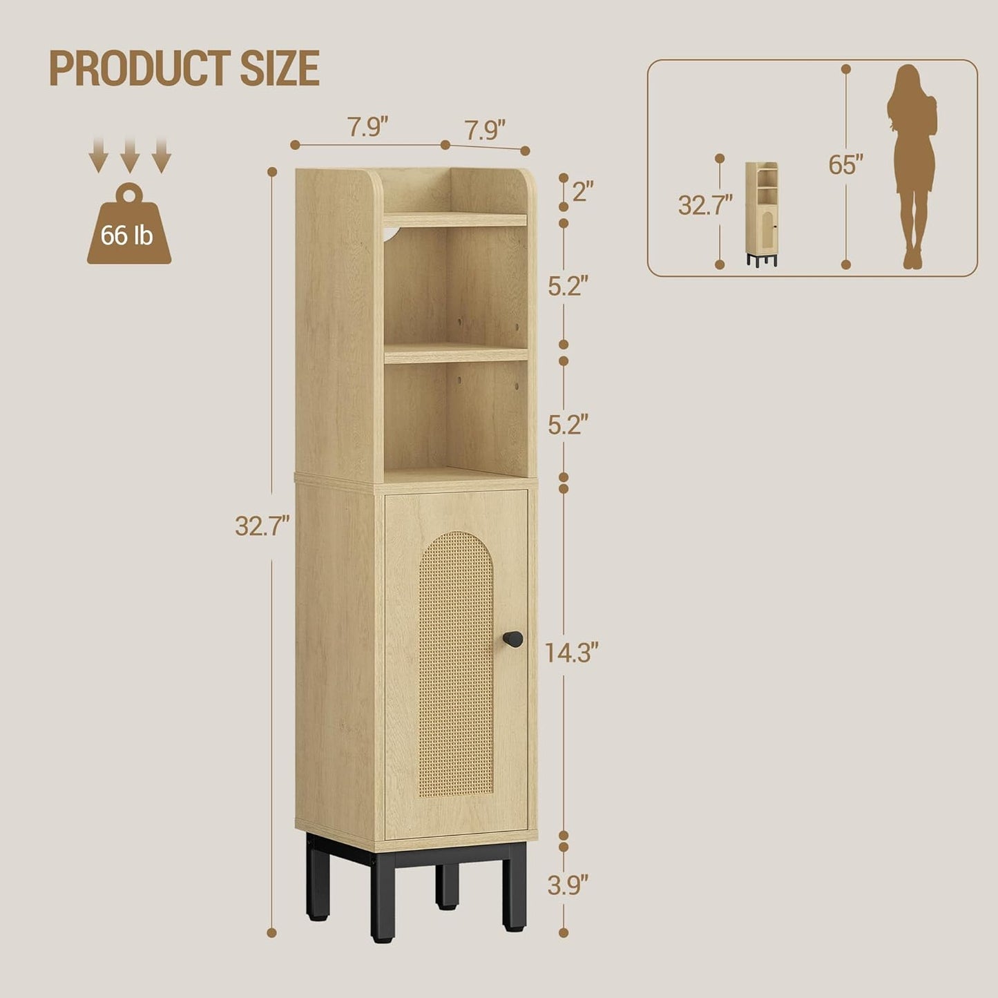 Bathroom Storage Cabinet, Small Corner Floor Cabinet with Door and Shelves, Narrow Toilet Paper Holder, Bathroom Organizer with Adjustable Shelf, for Small Spaces, Rattan Yellow BC08202Y