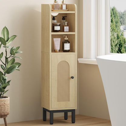 Bathroom Storage Cabinet, Small Corner Floor Cabinet with Door and Shelves, Narrow Toilet Paper Holder, Bathroom Organizer with Adjustable Shelf, for Small Spaces, Rattan Yellow BC08202Y