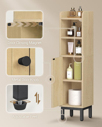 Bathroom Storage Cabinet, Small Corner Floor Cabinet with Door and Shelves, Narrow Toilet Paper Holder, Bathroom Organizer with Adjustable Shelf, for Small Spaces, Rattan Yellow BC08202Y