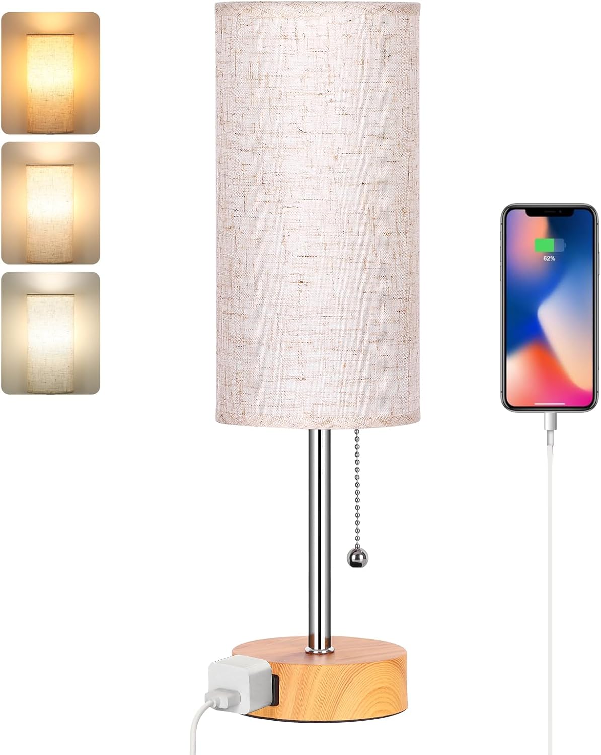 Table Lamp for Bedroom, 3-Color Bedside Lamps with Pull Chain, Bedroom Table Lamps for Nightstand,AC Outlet Small Lamp for Living Room, Bulb Included Oatmeal
