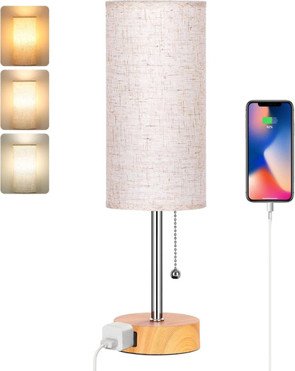 Table Lamp for Bedroom, 3-Color Bedside Lamps with Pull Chain, Bedroom Table Lamps for Nightstand,AC Outlet Small Lamp for Living Room, Bulb Included Oatmeal