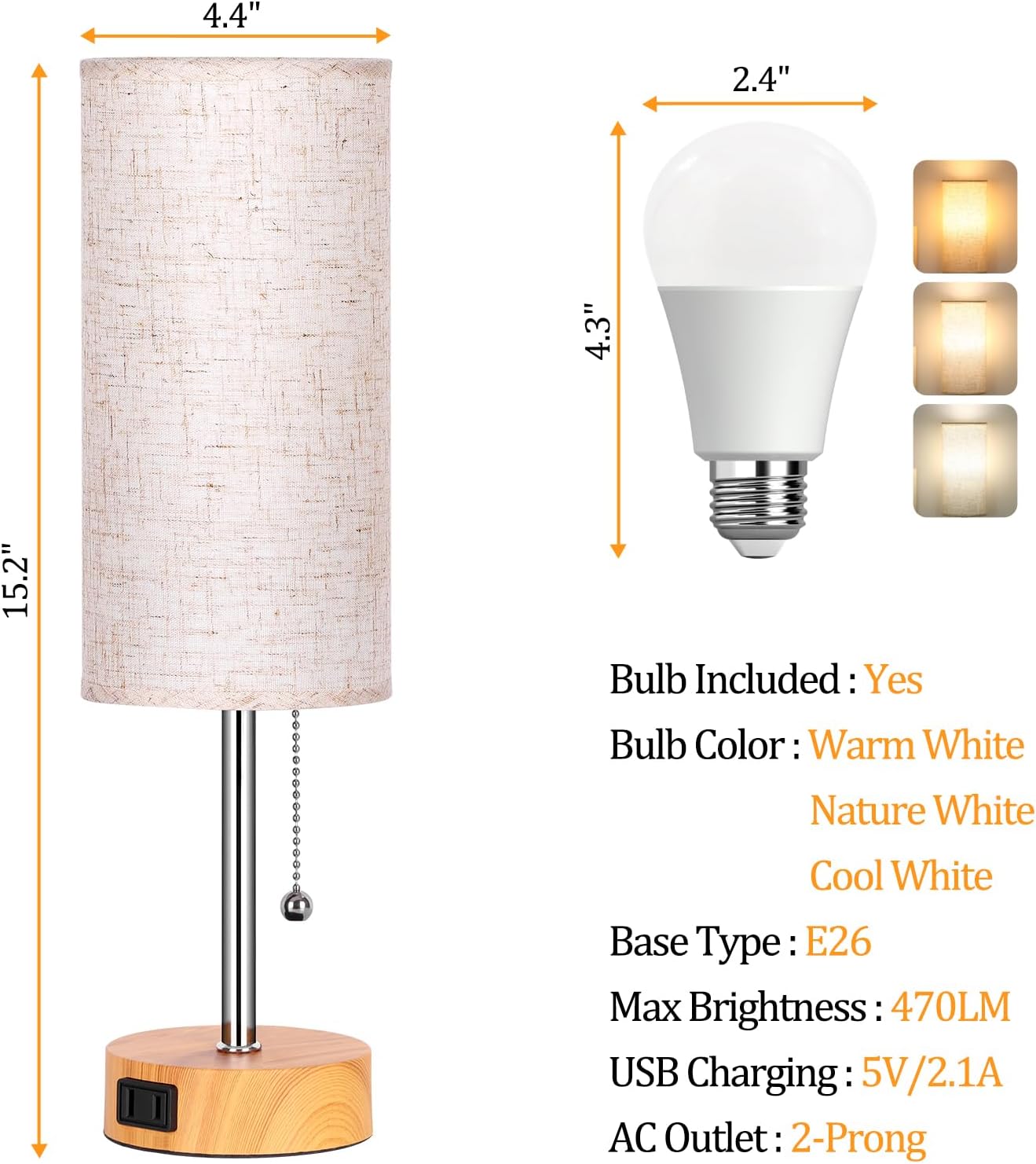 Table Lamp for Bedroom, 3-Color Bedside Lamps with Pull Chain, Bedroom Table Lamps for Nightstand,AC Outlet Small Lamp for Living Room, Bulb Included Oatmeal