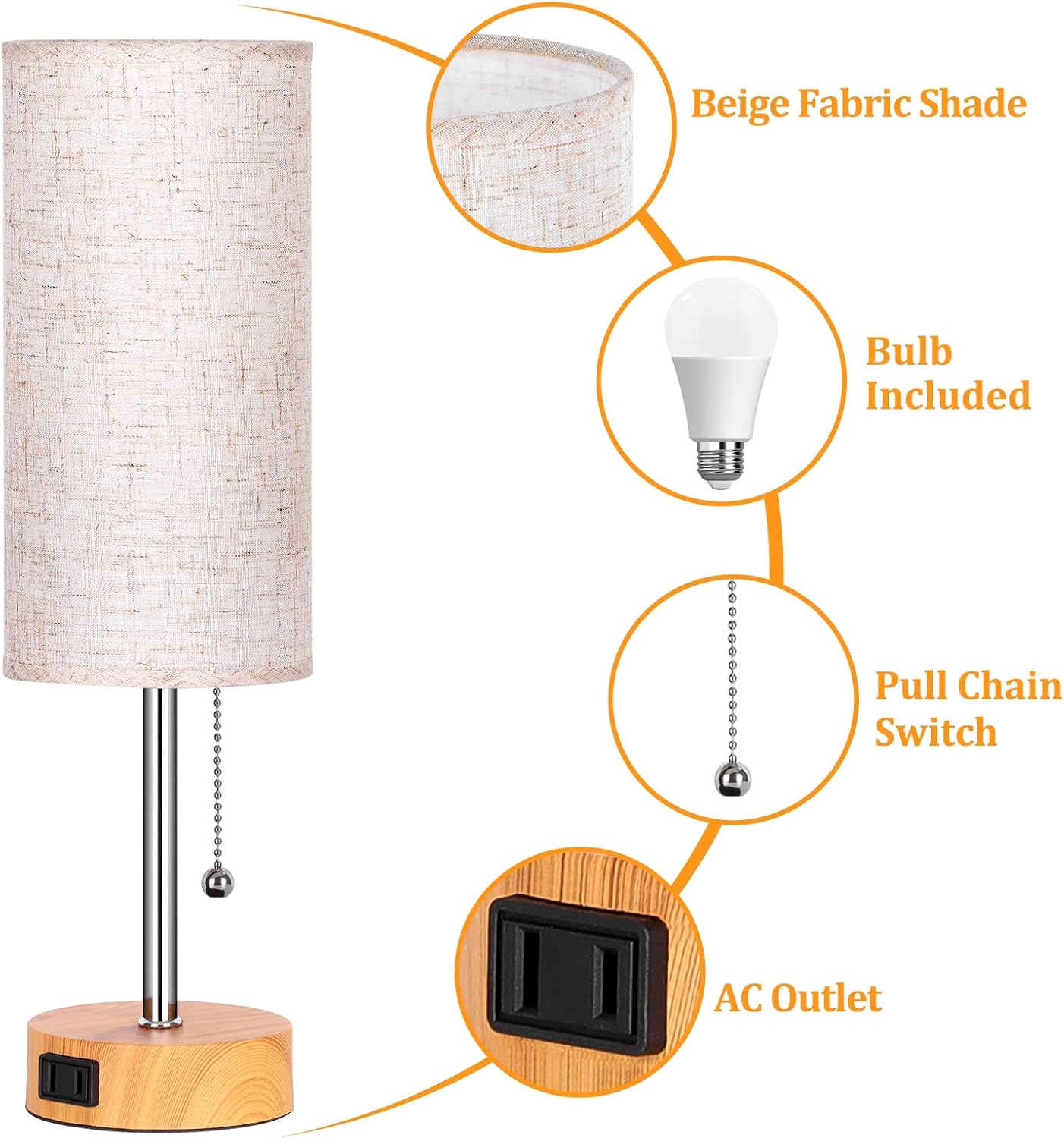 Table Lamp for Bedroom, 3-Color Bedside Lamps with Pull Chain, Bedroom Table Lamps for Nightstand,AC Outlet Small Lamp for Living Room, Bulb Included Oatmeal