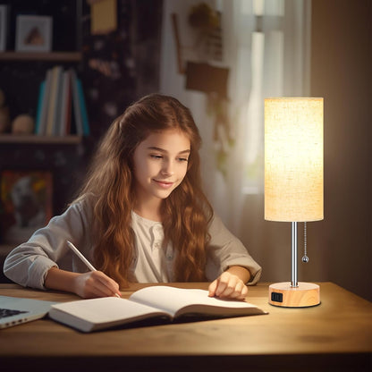 Table Lamp for Bedroom, 3-Color Bedside Lamps with Pull Chain, Bedroom Table Lamps for Nightstand,AC Outlet Small Lamp for Living Room, Bulb Included Oatmeal