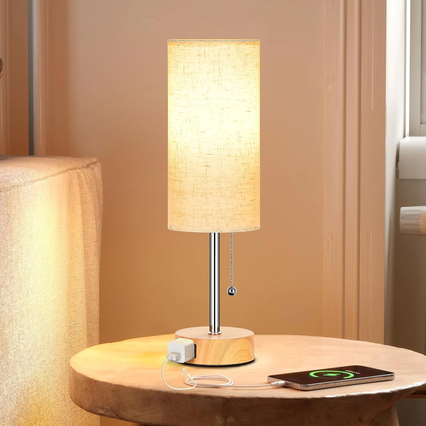 Table Lamp for Bedroom, 3-Color Bedside Lamps with Pull Chain, Bedroom Table Lamps for Nightstand,AC Outlet Small Lamp for Living Room, Bulb Included Oatmeal
