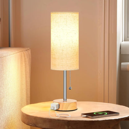 Table Lamp for Bedroom, 3-Color Bedside Lamps with Pull Chain, Bedroom Table Lamps for Nightstand,AC Outlet Small Lamp for Living Room, Bulb Included Oatmeal