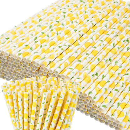 50 Pcs Plastic Straws Disposable Drinking Plastic Straws Reusable Striped Flag Summer Party Supplies for Birthday Decoration (Lemon)