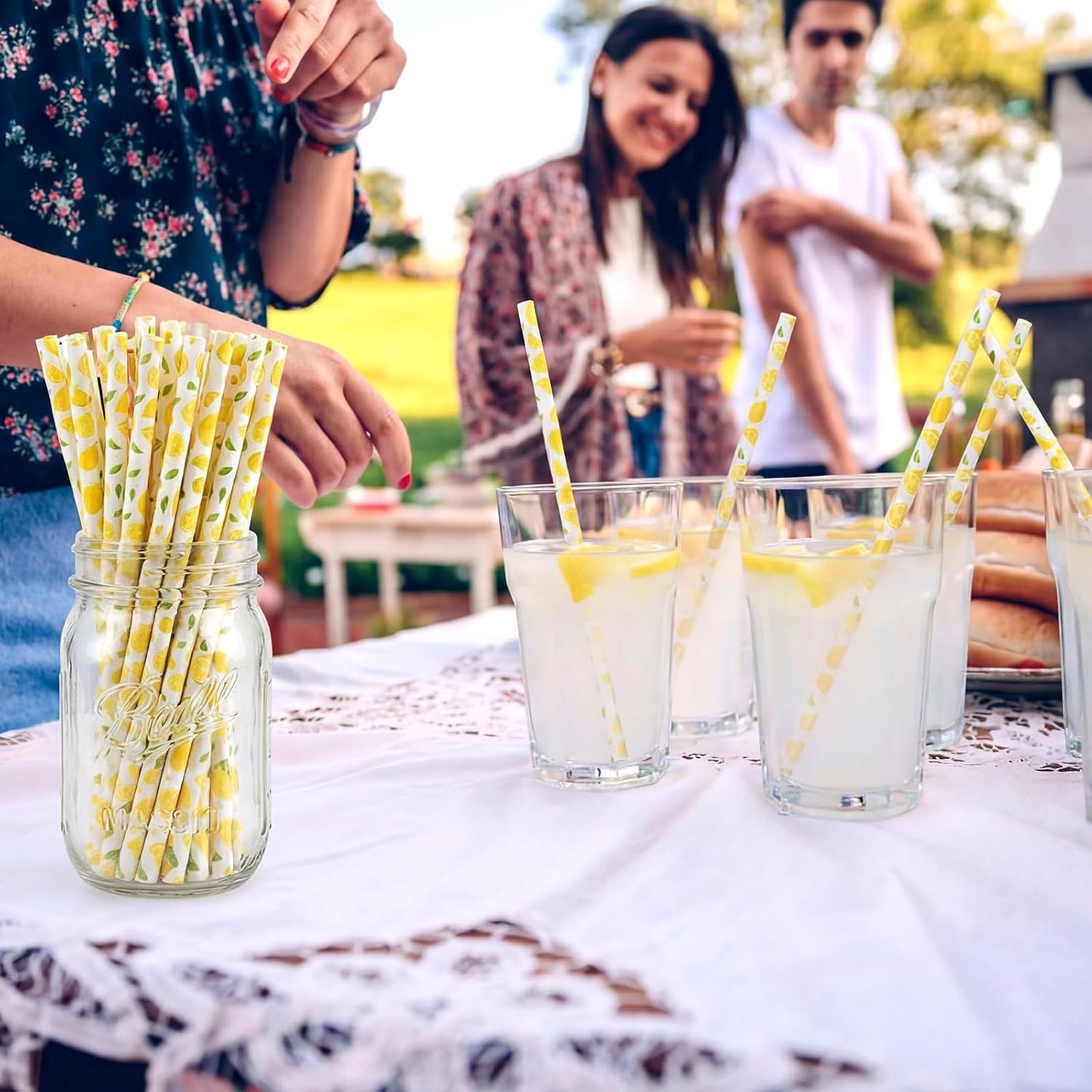 50 Pcs Plastic Straws Disposable Drinking Plastic Straws Reusable Striped Flag Summer Party Supplies for Birthday Decoration (Lemon)