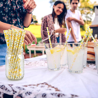 50 Pcs Plastic Straws Disposable Drinking Plastic Straws Reusable Striped Flag Summer Party Supplies for Birthday Decoration (Lemon)