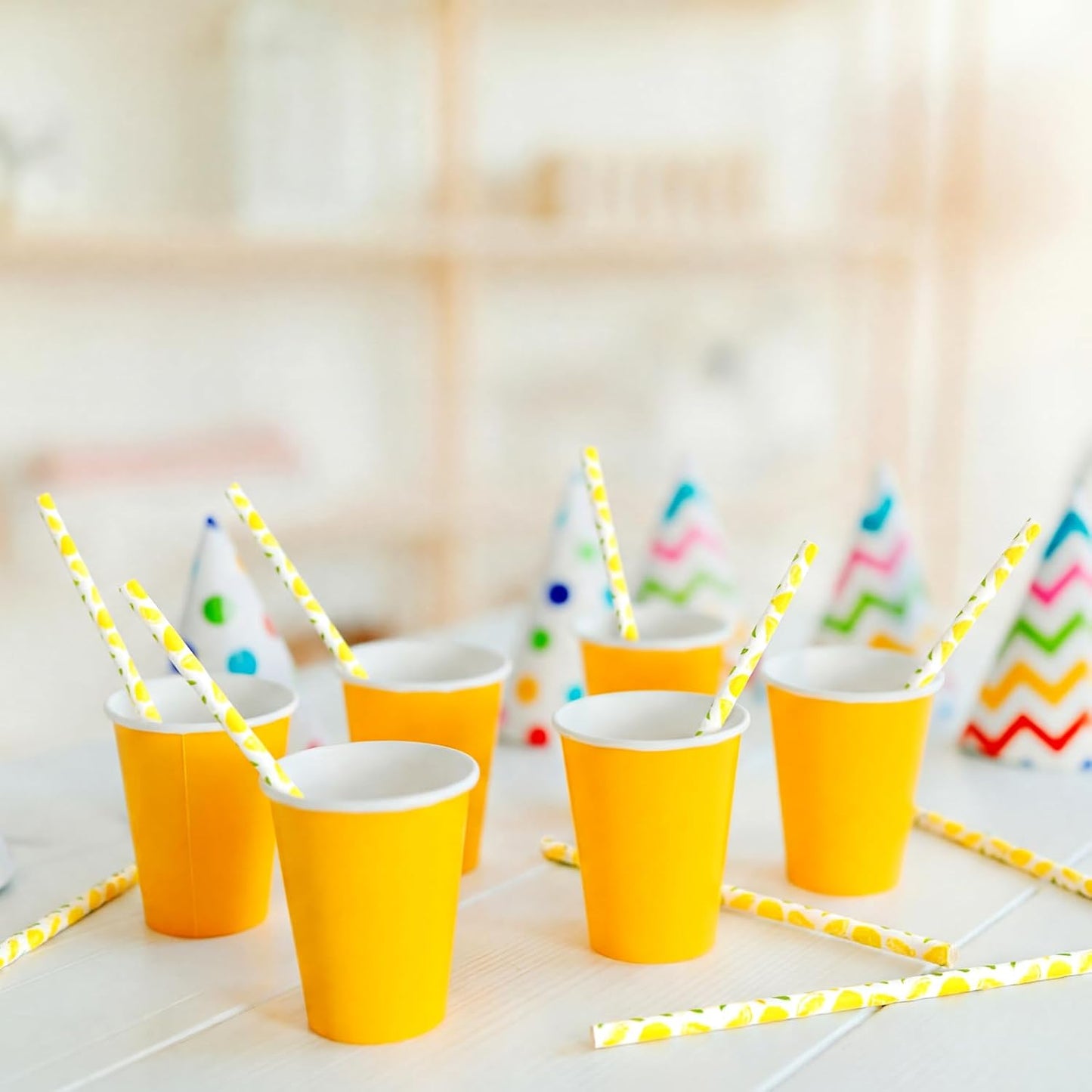 50 Pcs Plastic Straws Disposable Drinking Plastic Straws Reusable Striped Flag Summer Party Supplies for Birthday Decoration (Lemon)