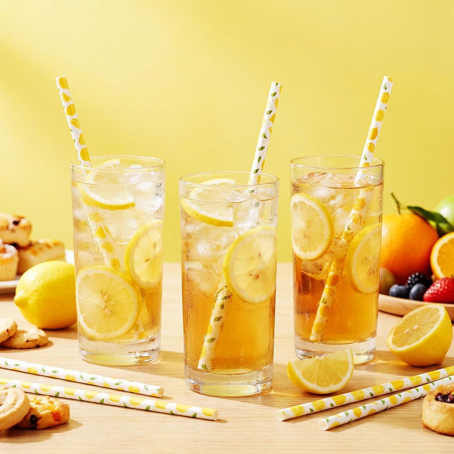 50 Pcs Plastic Straws Disposable Drinking Plastic Straws Reusable Striped Flag Summer Party Supplies for Birthday Decoration (Lemon)