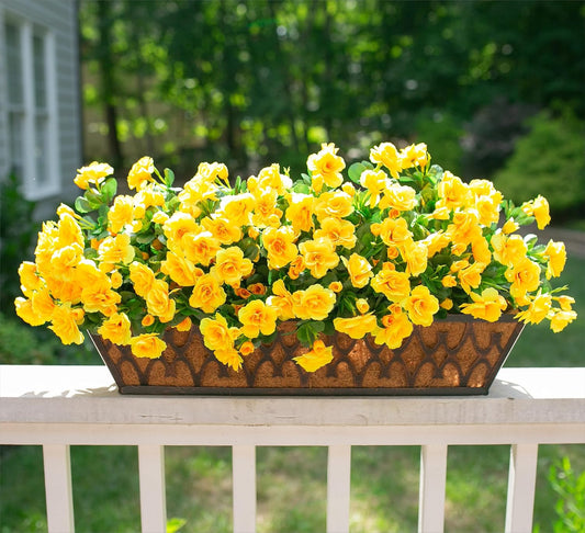 Artificial Fake Flowers Plants for Spring Outdoor Outside Decor, Faux Silk Yellow Camellia UV Resistant Realistic for Planter Front Door Porch Patio Balcony Decoration, 3 Large Bundles