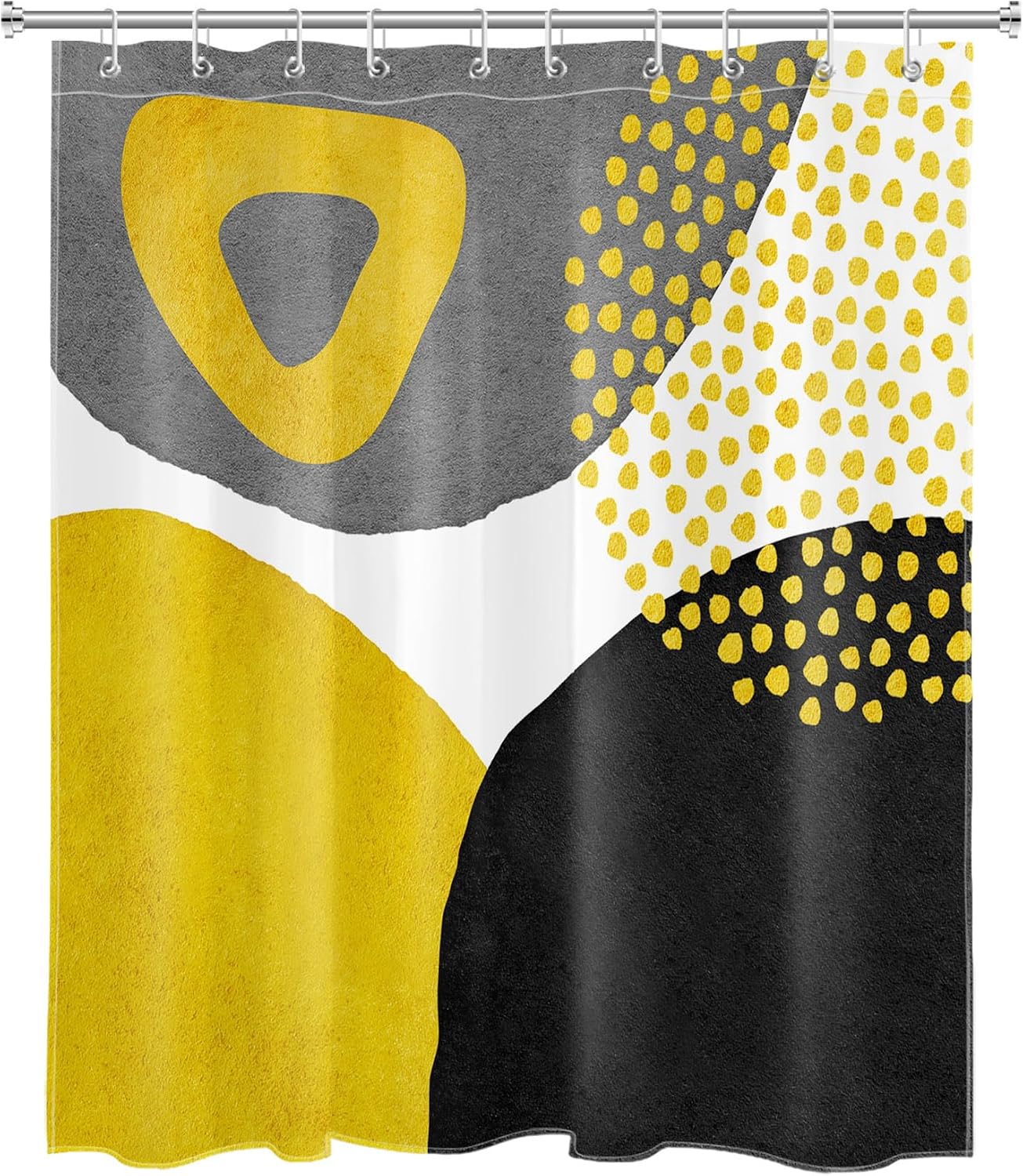 Minimalist Yellow Shower Curtain Decor, Mid Century Modern Abstract Shower Curtain for Bathroom 60" W x 72" L Polyester Fabric Bathroom Decoration Bath Curtains Hooks Included