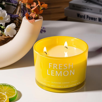 Fresh Lemon Scented Candle, Luxury Large 3 Wick Soy Candle 12 Oz, 60+ Hour Long Lasting Clean Burn, Elegant Aromatherapy Home Decor, Housewarming & Birthday Gift for Men & Women