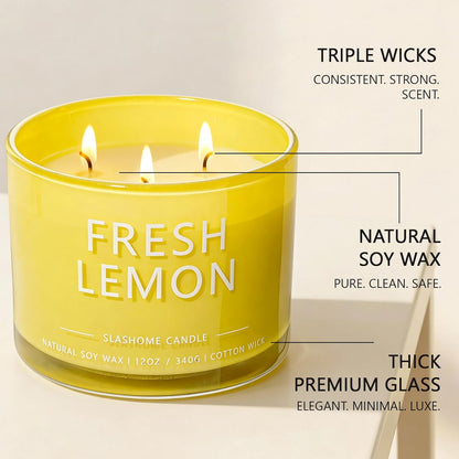 Fresh Lemon Scented Candle, Luxury Large 3 Wick Soy Candle 12 Oz, 60+ Hour Long Lasting Clean Burn, Elegant Aromatherapy Home Decor, Housewarming & Birthday Gift for Men & Women