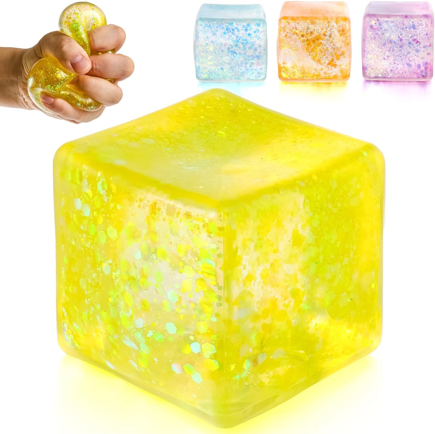 1PC Yellow Ice Squishy Stress Cube,Glitter Sensory Fidget Toy,Anxiety Relief Sensory Toy,2.2in Slow Rebound Soft Ice Cube,with Solid Squish Soft,Fidgets Malt Sugar,Party Favors, Birthday Gifts