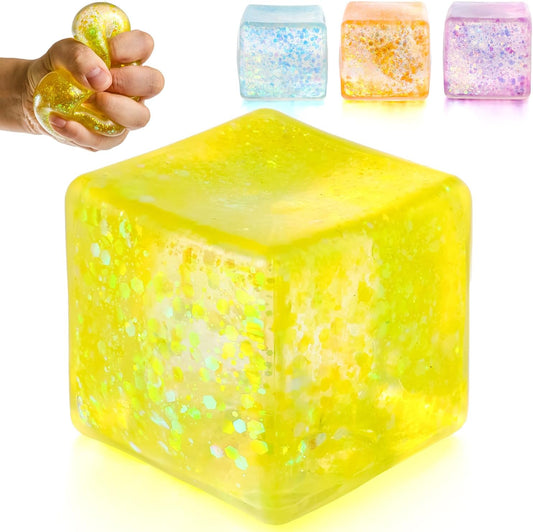 1PC Yellow Ice Squishy Stress Cube,Glitter Sensory Fidget Toy,Anxiety Relief Sensory Toy,2.2in Slow Rebound Soft Ice Cube,with Solid Squish Soft,Fidgets Malt Sugar,Party Favors, Birthday Gifts