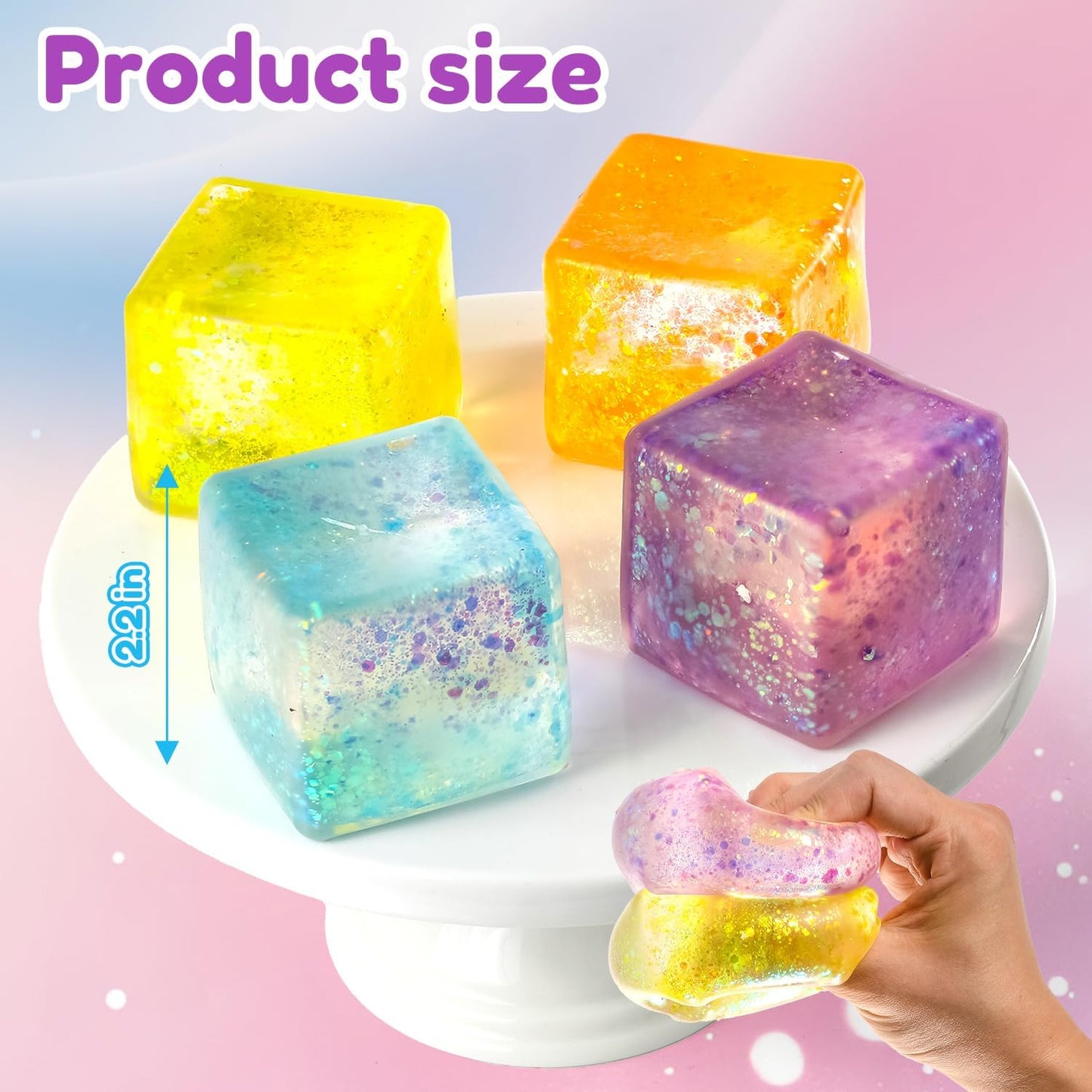 1PC Yellow Ice Squishy Stress Cube,Glitter Sensory Fidget Toy,Anxiety Relief Sensory Toy,2.2in Slow Rebound Soft Ice Cube,with Solid Squish Soft,Fidgets Malt Sugar,Party Favors, Birthday Gifts