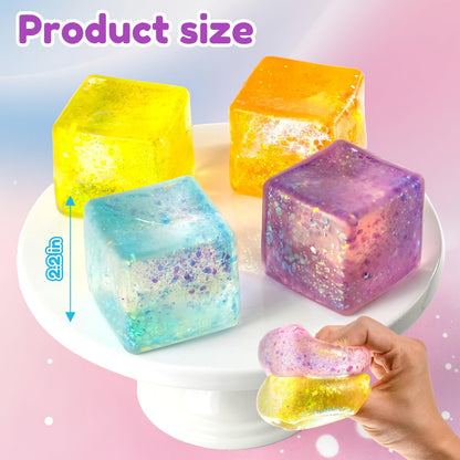 1PC Yellow Ice Squishy Stress Cube,Glitter Sensory Fidget Toy,Anxiety Relief Sensory Toy,2.2in Slow Rebound Soft Ice Cube,with Solid Squish Soft,Fidgets Malt Sugar,Party Favors, Birthday Gifts