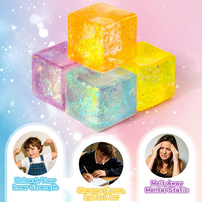 1PC Yellow Ice Squishy Stress Cube,Glitter Sensory Fidget Toy,Anxiety Relief Sensory Toy,2.2in Slow Rebound Soft Ice Cube,with Solid Squish Soft,Fidgets Malt Sugar,Party Favors, Birthday Gifts
