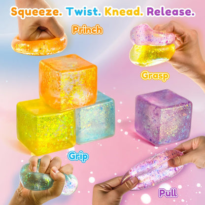 1PC Yellow Ice Squishy Stress Cube,Glitter Sensory Fidget Toy,Anxiety Relief Sensory Toy,2.2in Slow Rebound Soft Ice Cube,with Solid Squish Soft,Fidgets Malt Sugar,Party Favors, Birthday Gifts