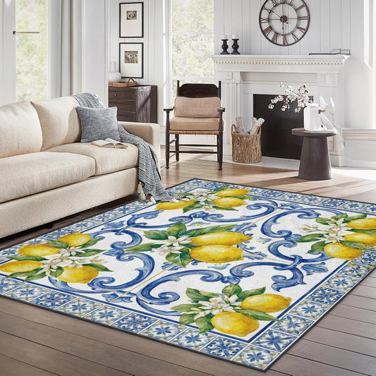 Area Rugs 3'x5' Washable Rug, Lemon Mediterranean Watercolor Stain Resistant Non Slip Backing Italian Yellow Carpet for Living Room Bedroom Dining Room
